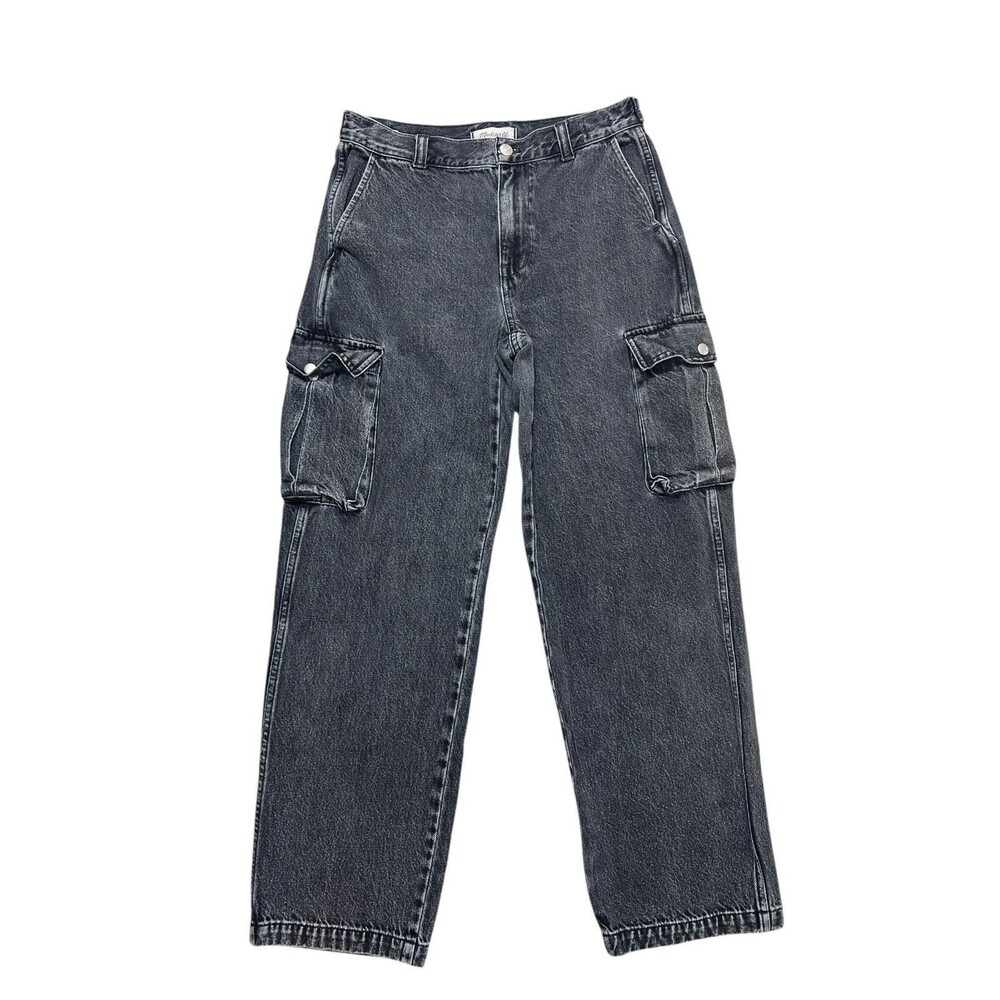 Madewell Low Slung Cargo Jeans Wide Straight Leg Black Wash Utility Denim Sz 26 - Picture 2 of 9